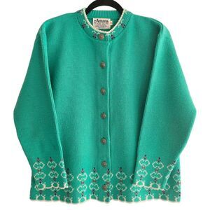 VTG Amana Wool Cardigan Sweater Turquoise Green Button Up‎ USA Teacher Cottage